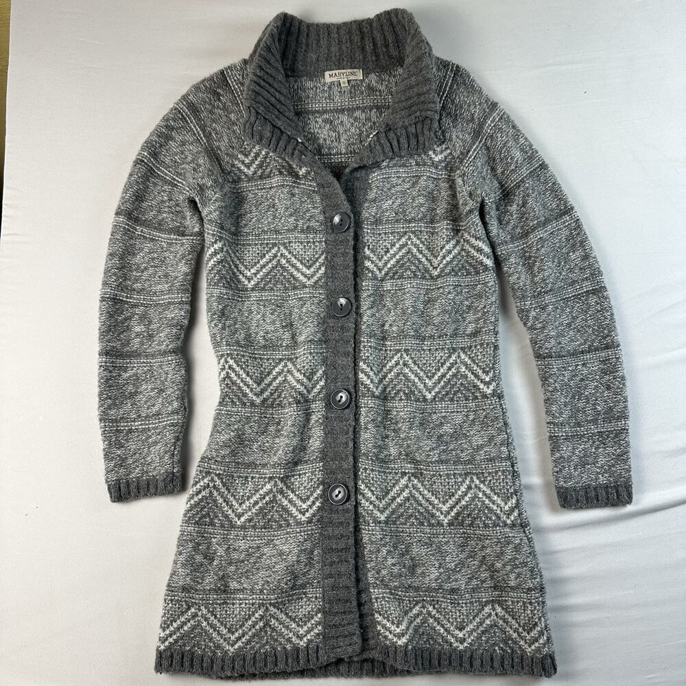 Mary Line Long Cardigan Sweater Womens Small Gray Button Wool Blend Knit Italy